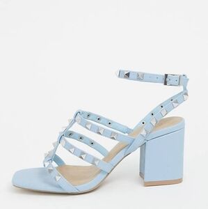 Asos Silver Studded Blue Strappy Spring Sandals 9 Wide Square Toe Chunky Heel